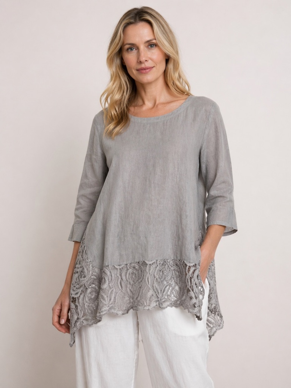 PHASE EIGHT Grey LINEN Tunic Crotchet Lace Hem Elegant Gray Lace Trim Top 12